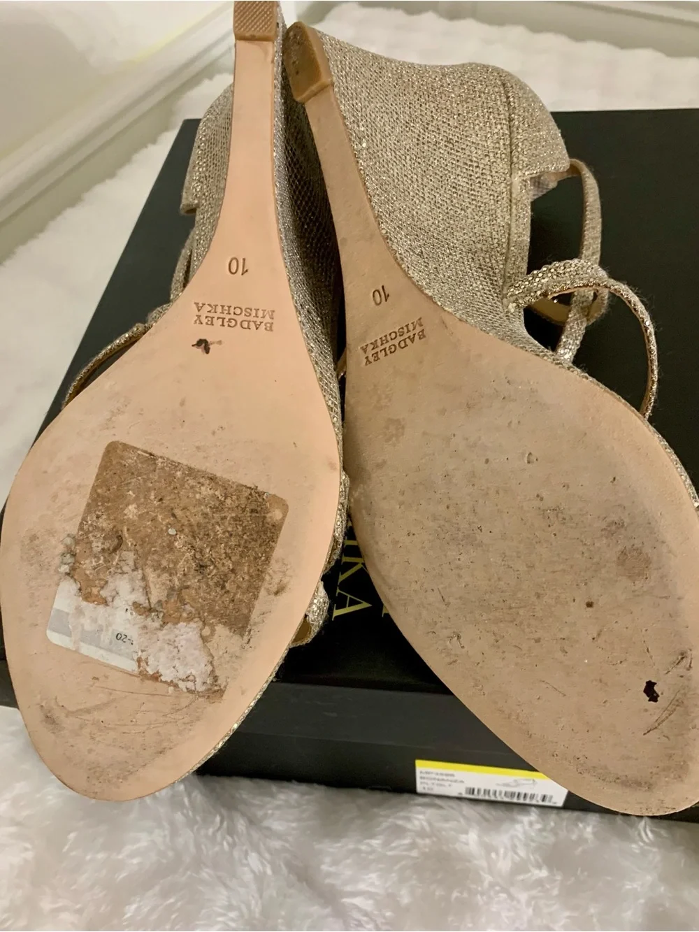 Badgley Mischka Gold Glitter Multi-Strap Wedge Sandals